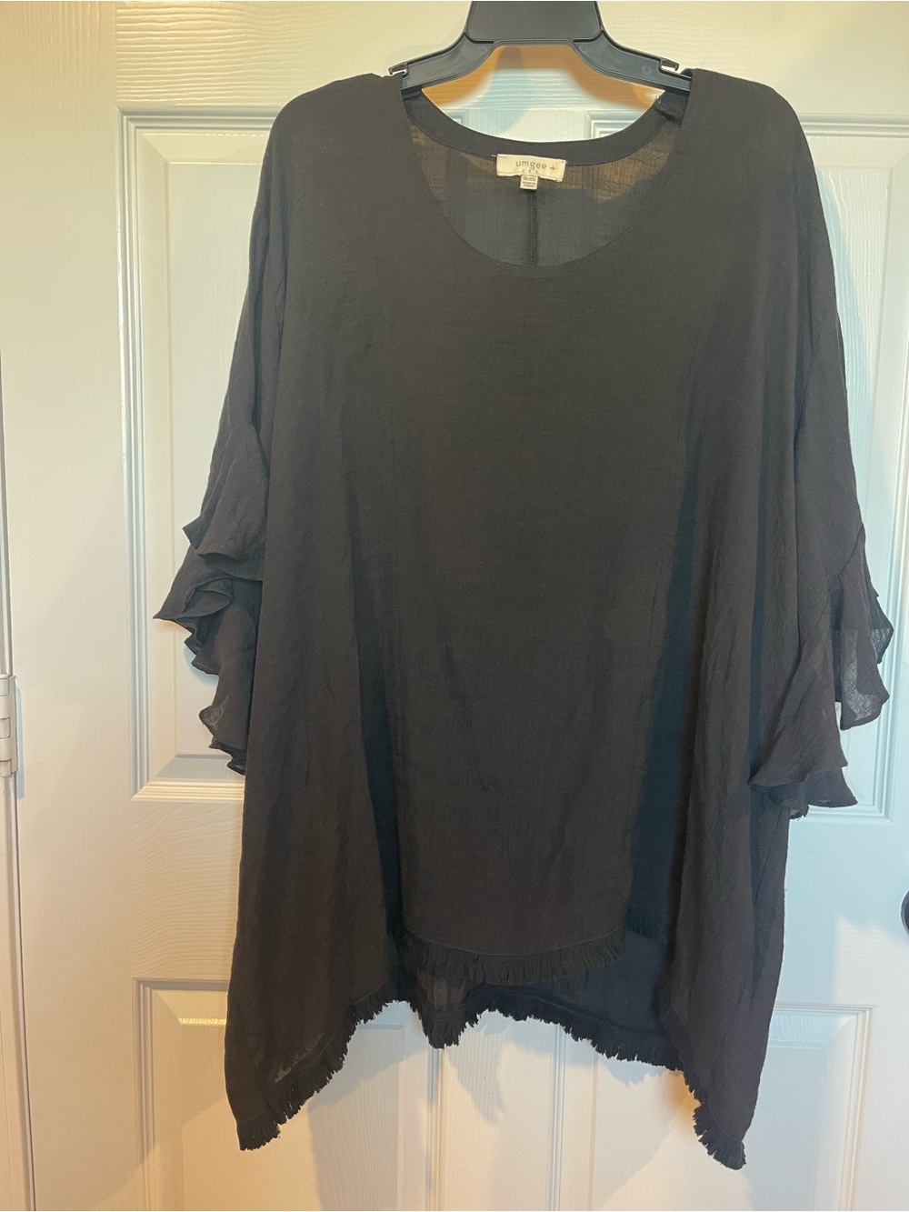 Umgee 1XL 2XL Black Boho Tunic Oversized Ruffle-Sleeve Fringed